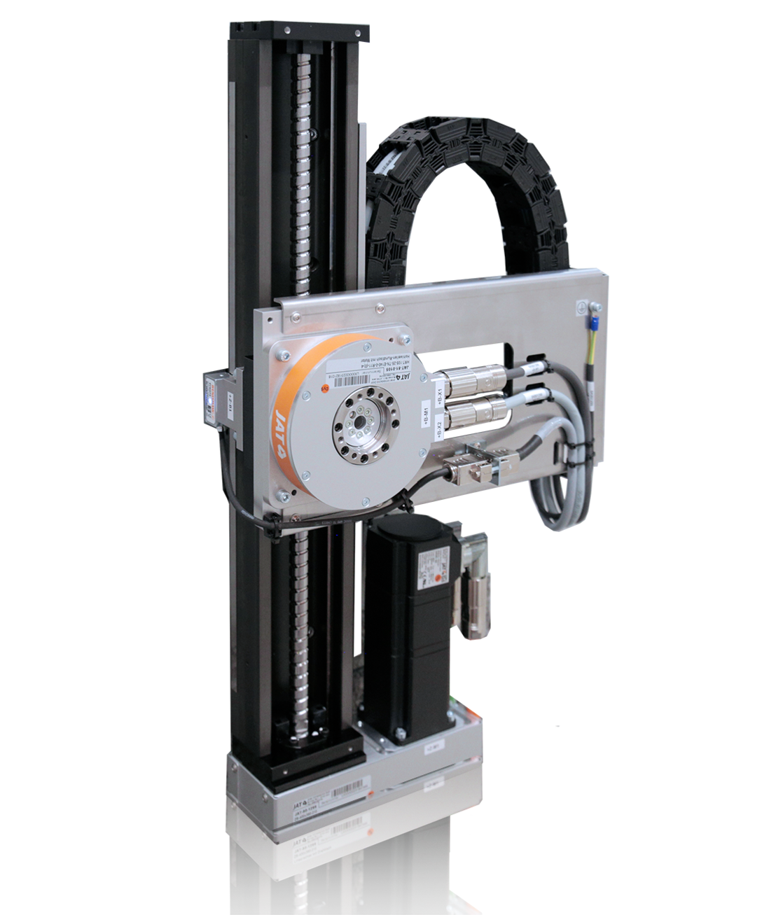 Vertical axis with JAT servo drive, visible encoder connections and cable routing